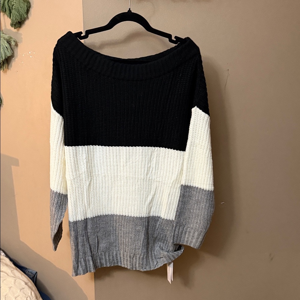 Amazon Off-the-Shoulder Colorblock Sweater - Black, White, Gray